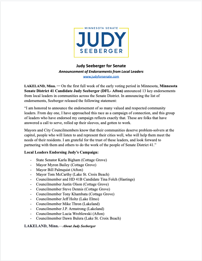 Announcement of Endorsements from Local Leaders