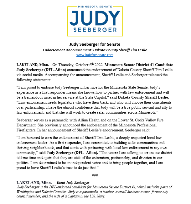Endorsement Announcement: Dakota County Sheriff Tim Leslie